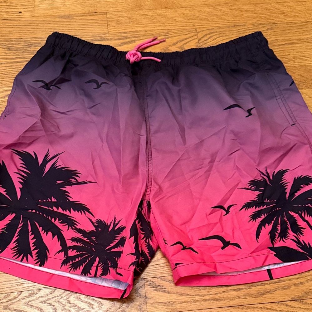 Gradient Pink Swim Shorts with Palm Tree Design XXL NEW